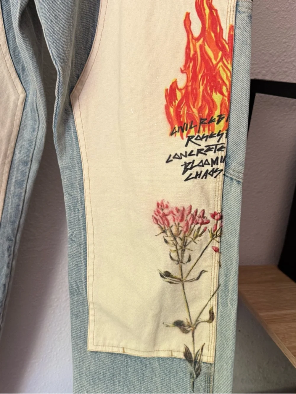 CIVIL REGIME men’s blue utility hand painted contrast rose slim straight jeans‎